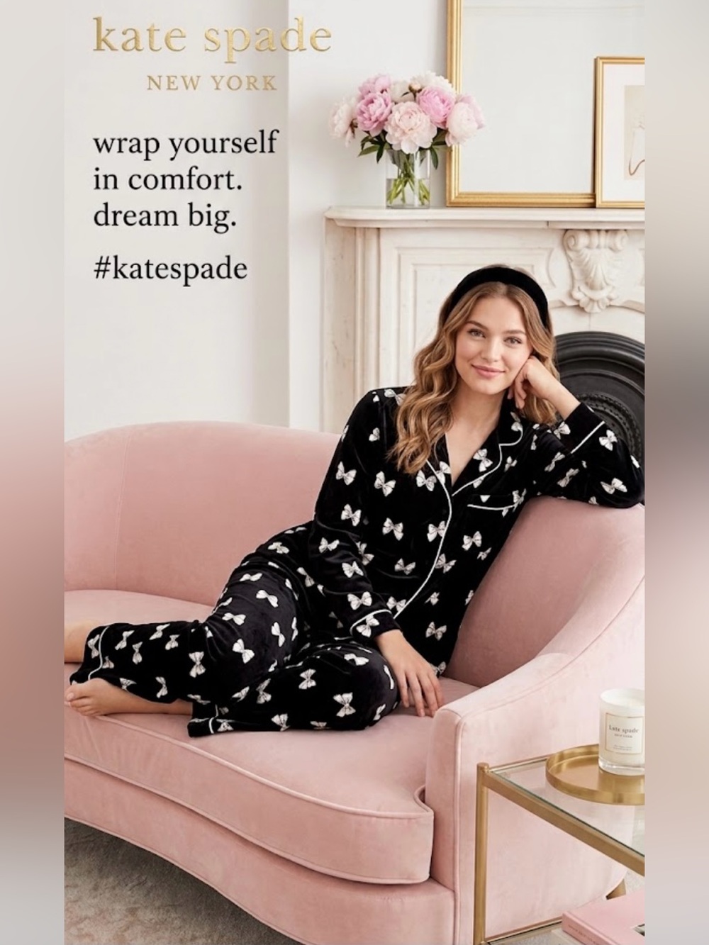 NWOT ~ kate spade Black & White Bow Print Pajama Set W/White Trim ~ Size Large